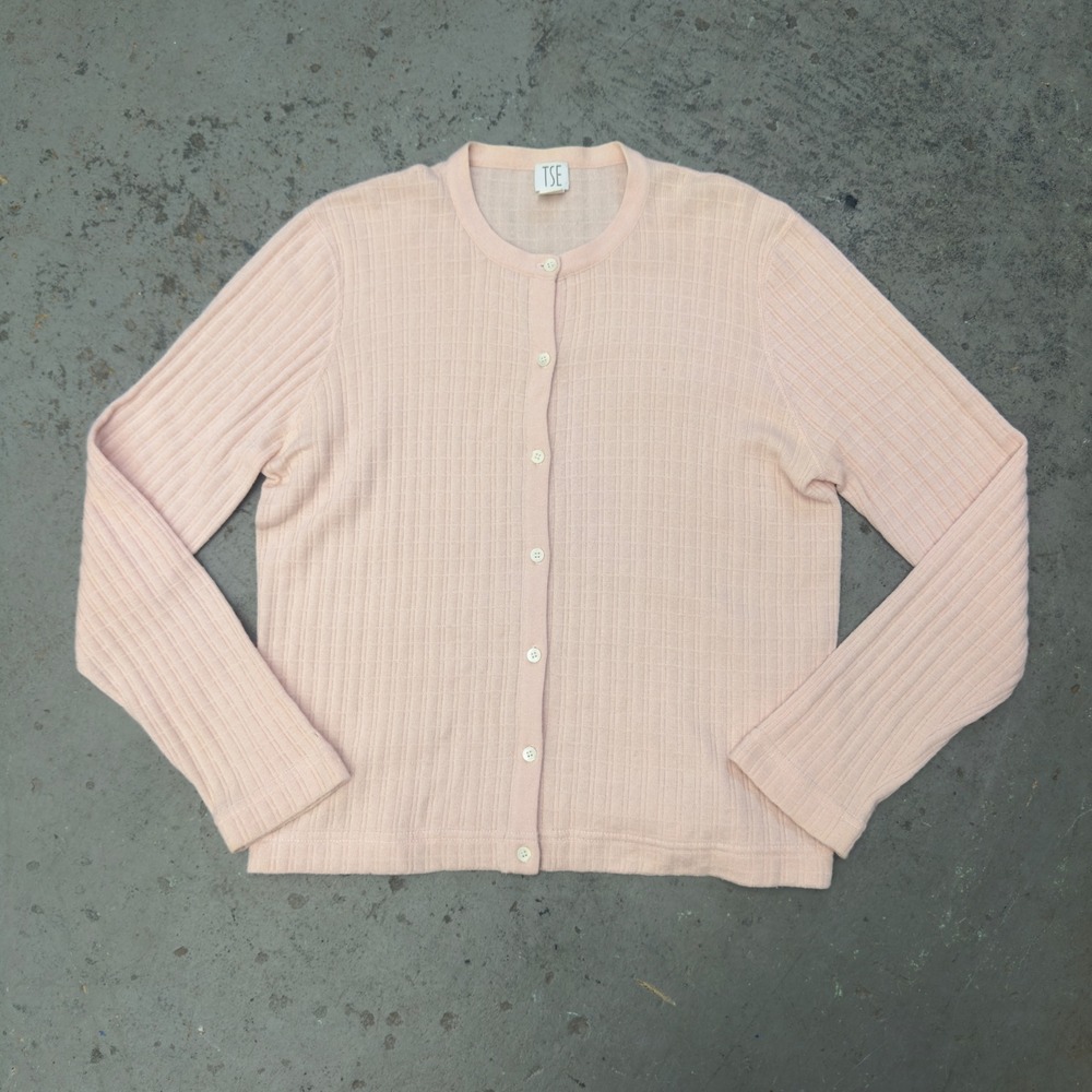 TSE Pure Cashmere Cardigan Pink Ribbed Button Front Sweater Size L